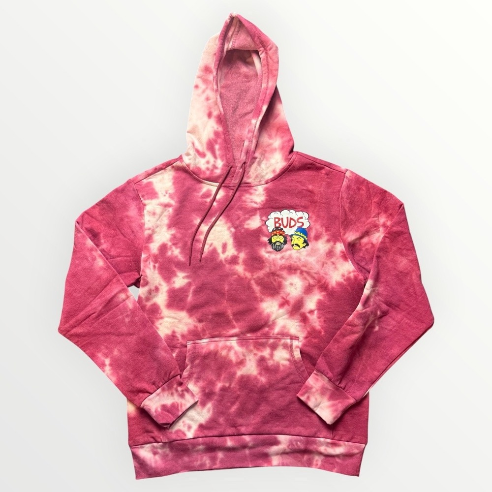 Cheech & Chong Buds Tie Dye Hoodie Pink White Graphic Pullover Small